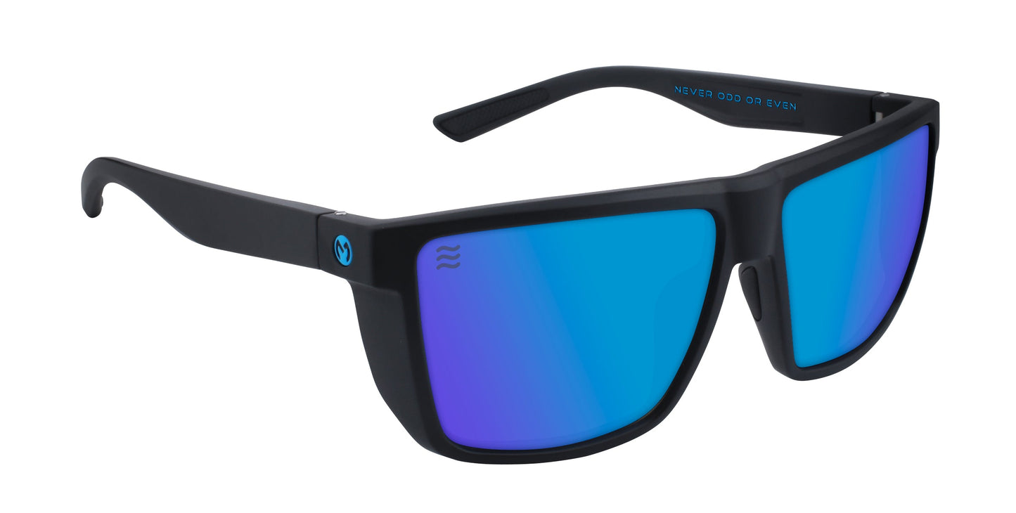 Honest John's by Neven Eyewear: Rectangular sunglasses with thick black frames, mirrored blue lenses, a small round blue logo, and "NEVER ODD OR EVEN" inside the right temple—ideal for coastal adventure seekers. Part of our polarized collection.