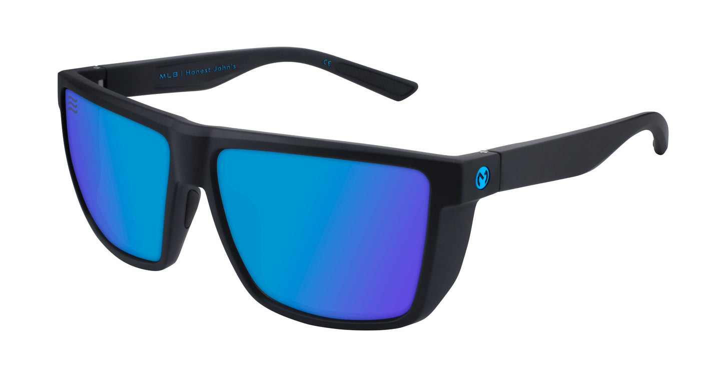 The Honest John's by Neven Eyewear are black, thick-framed sunglasses with blue mirrored polarized lenses and a blue circular logo on the matte arms—combining sporty style for any coastal adventure.
