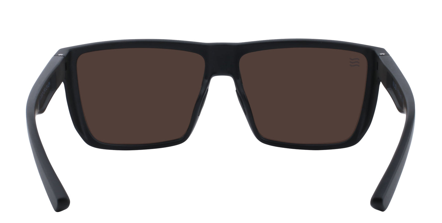 The Neven Eyewear Honest John's sunglasses feature a thick matte black rectangular frame with wide, polarized arms and near-square lenses, viewed from the back on a plain white background.