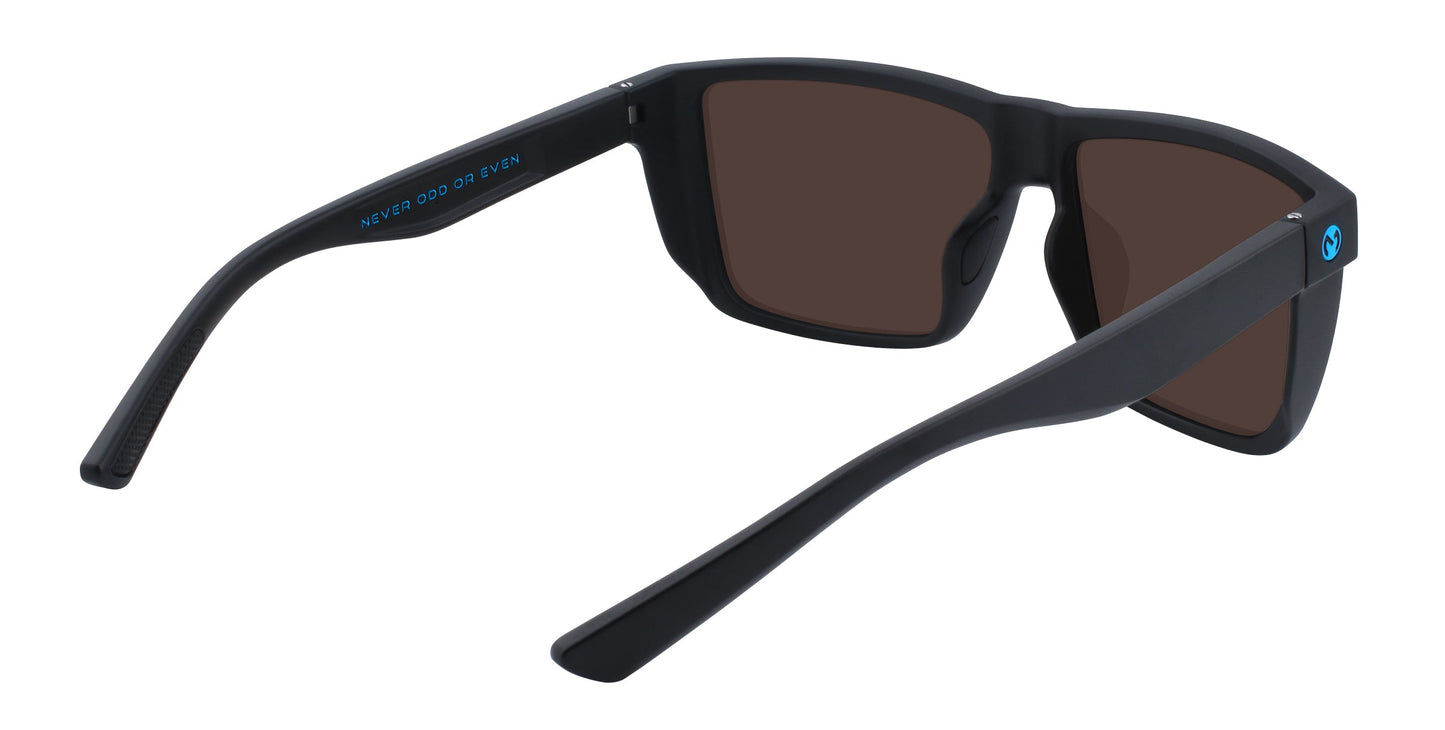 Honest John's by Neven Eyewear: Matte black polarized sunglasses with rectangular dark lenses, shown from the rear. The left arm interior features blue "NEVER ODD OR EVEN" text; a blue circular logo sits near the right hinge.