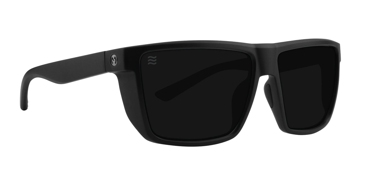 Neven Eyewear Honey Hole sunglasses in matte black feature thick rectangular frames, polarized UV400 lenses, and wide temples with a circular logo near the hinge, exhibiting a sporty modern design against a white background.