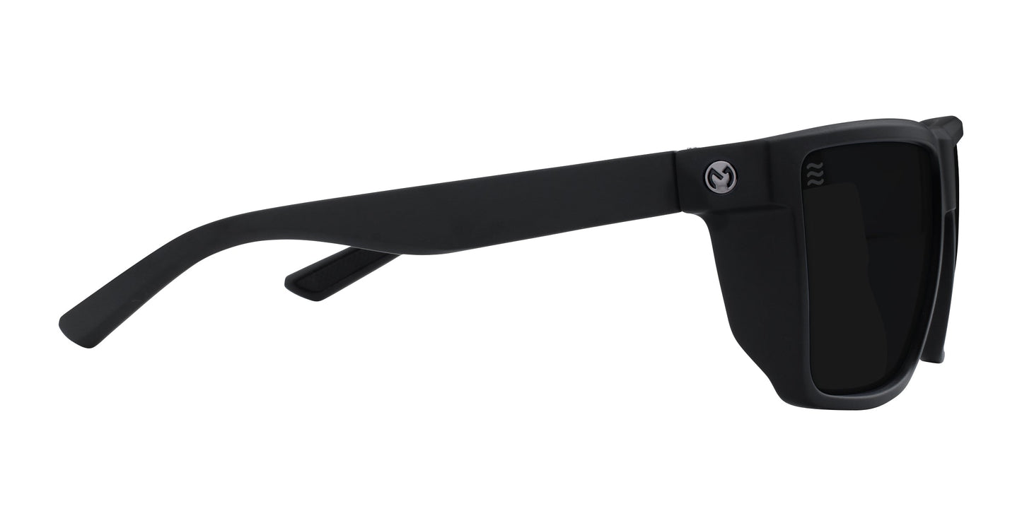 Side view of Neven Eyewear Honey Hole sunglasses in matte black, featuring thick frames, dark polarized UV400 lenses, a circular silver hinge detail, and wide curved arms for a secure and comfortable fit.