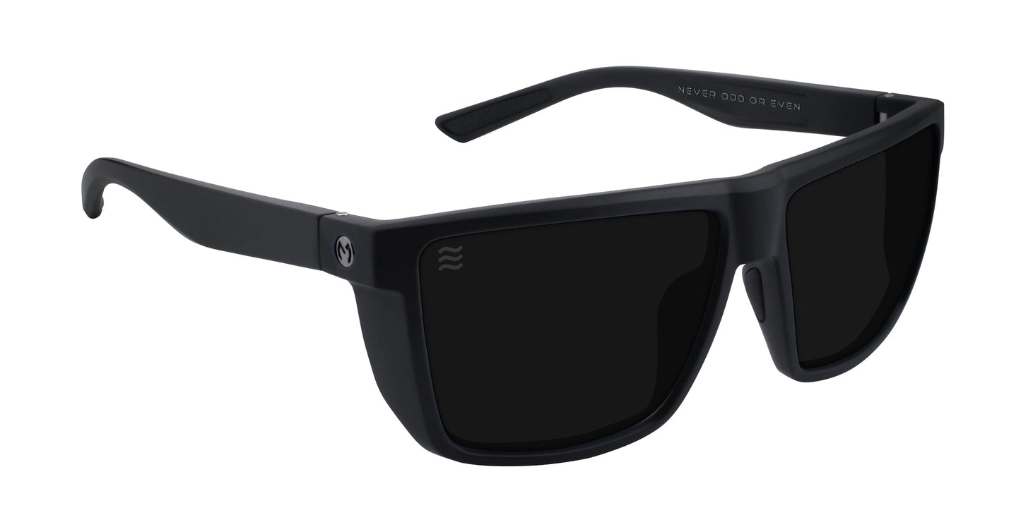 A pair of Neven Eyewear Honey Hole sunglasses in black, featuring wide rectangular frames, dark polarized UV400 lenses, a small circular emblem on the left arm, and “NEVER ODD OR EVEN” printed inside the right arm.