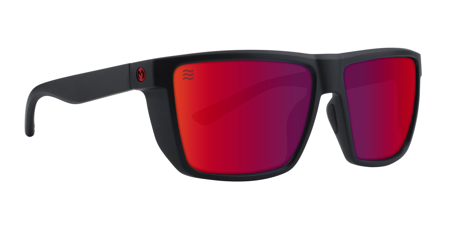 Neven Eyewear's Long Point sunglasses feature a matte black frame, rectangular red mirrored polarized UV400 lenses, and a small red circular wave logo on the left temple. Thick, straight arms give these shades a sporty, modern style.