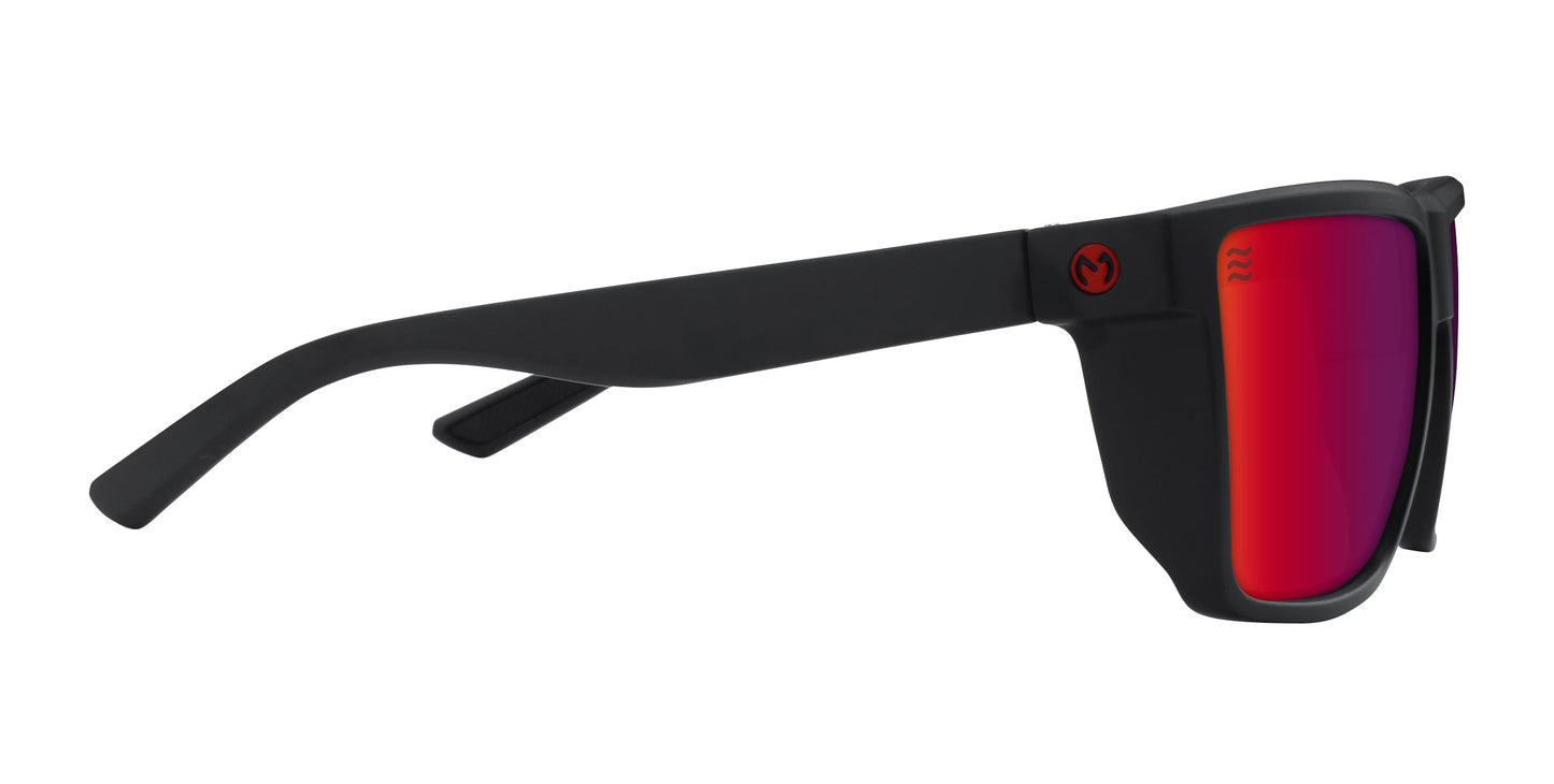 A pair of Neven Eyewear Long Point sunglasses with thick black frames and red-purple gradient mirrored lenses shown from the side. Polarized UV400 protection and a small red logo near the hinge complete their modern coastal style.