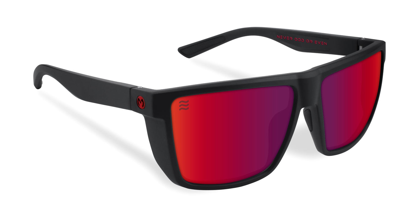 Neven Eyewear’s Long Point sunglasses feature matte black wide rectangular frames and vibrant red mirrored lenses. These coastal-style, sporty sunglasses offer polarized UV400 protection for modern style and reliable eye safety.
