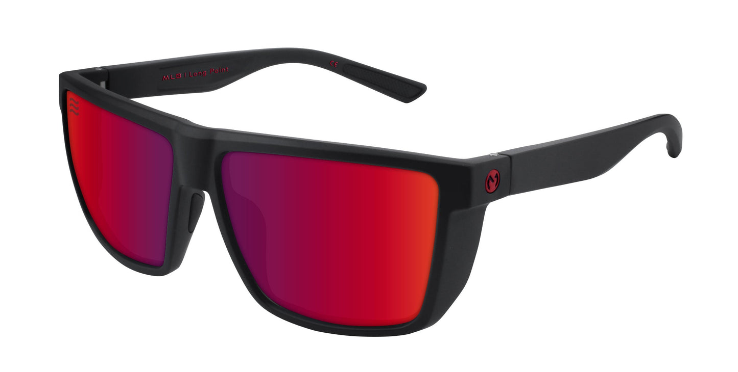 A pair of black Long Point sunglasses from Neven Eyewear featuring wraparound rectangular frames, matte finish, mirrored red-orange polarized lenses, and a small circular logo on the upper corner of the left temple.