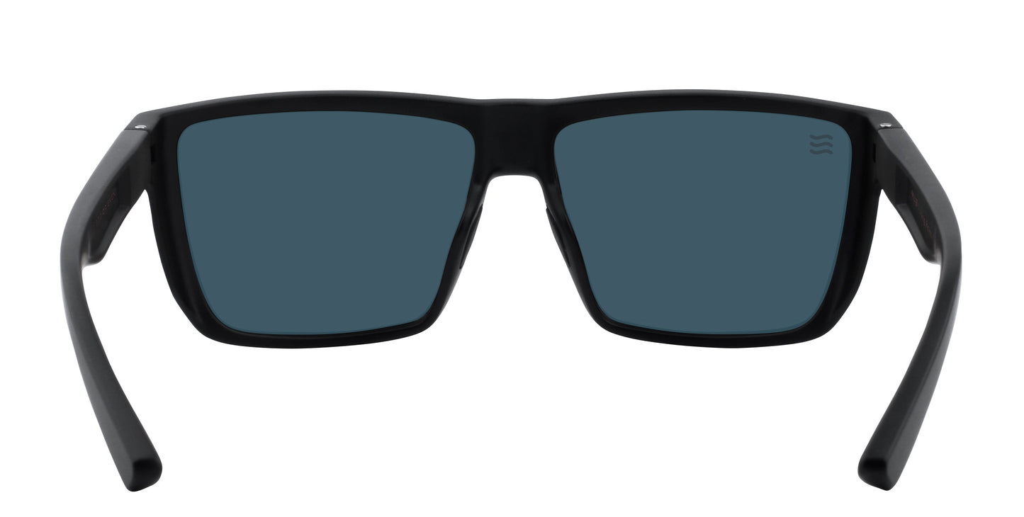 A pair of black, square-framed Neven Eyewear Long Point sunglasses viewed from behind, featuring dark blue polarized UV400 lenses, a matte finish, a bold coastal design, and a subtle logo on the left lens.