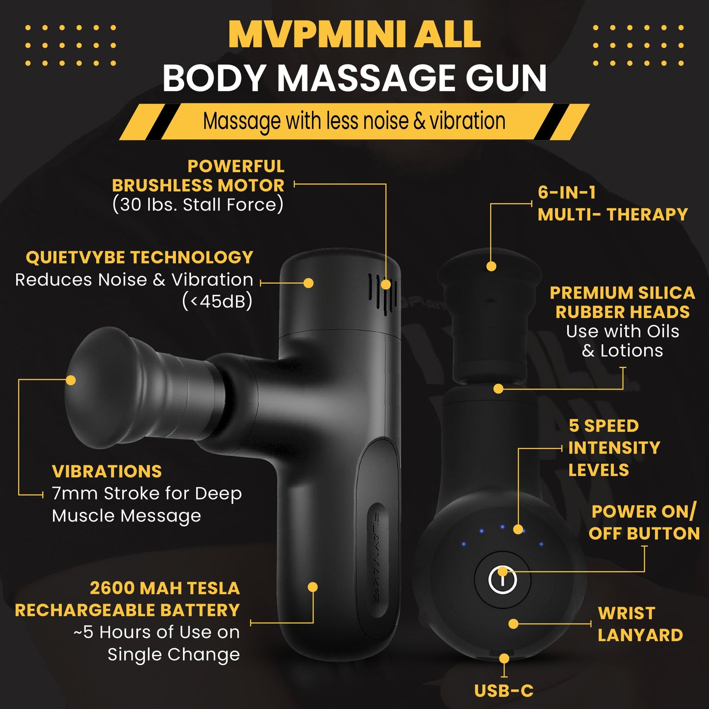 Image of a black iReliev MVPmini Percussion Massage System—compact, portable massager with QUIETYBE tech (<45db), powerful brushless motor, 6-in-1 therapy, premium silica heads, 7mm stroke, 5 speeds, 2600mAh battery, USB-C port & lanyard.