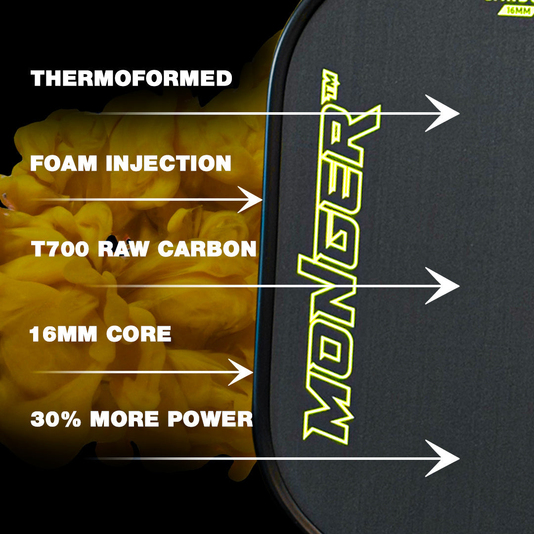 A white PickleballMonger Monger 16mm Carbon Power Pro Thermoformed Gen 2 T700 Toray Carbon Fiber pickleball paddle, with “Free Cover,” features a thermoformed 16mm polymer core for 30% more power and T700 raw carbon on a yellow smoke background.