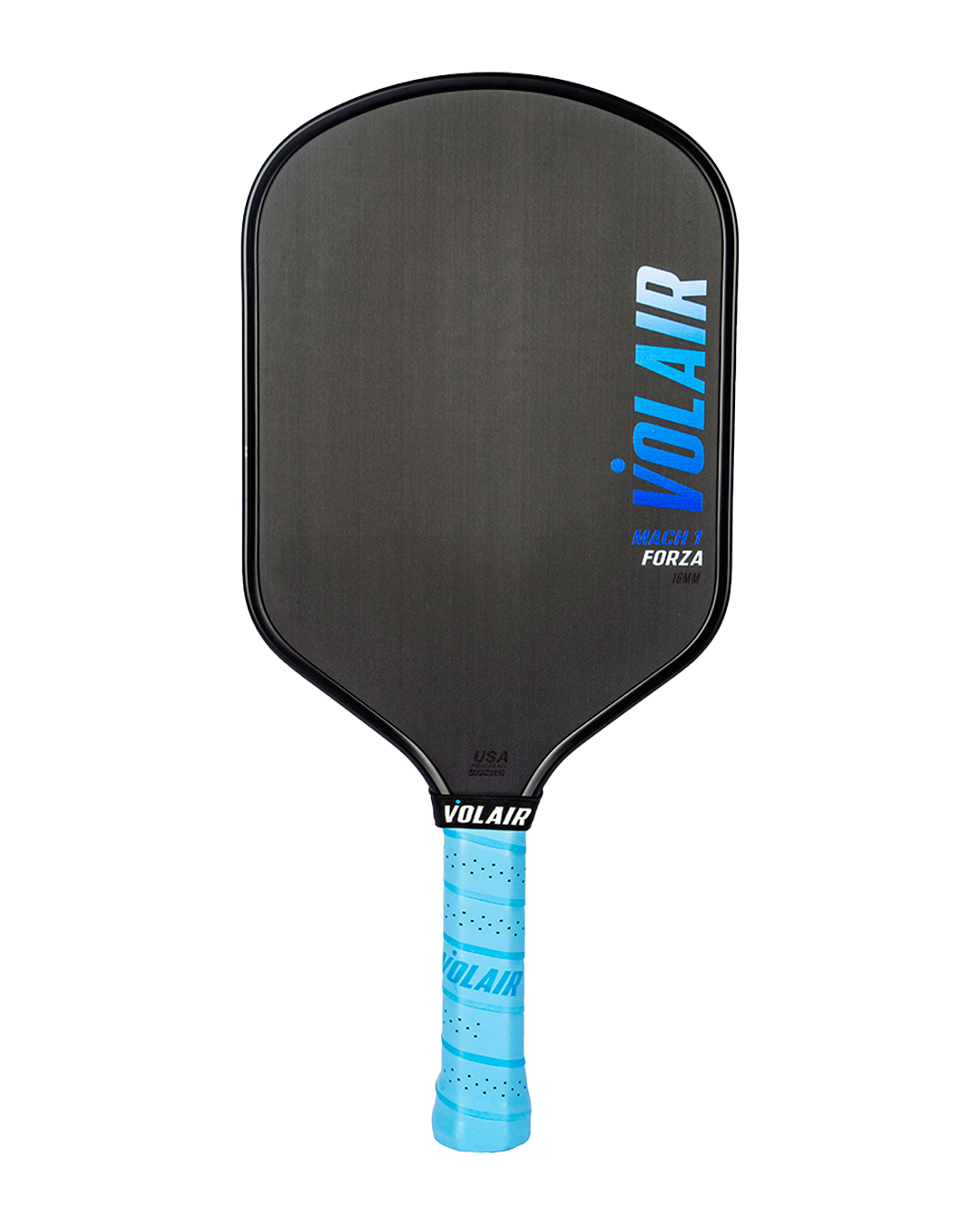 The Volair Pickleball Mach 1 Forza paddle features a black design with blue grip and accents, plus VOLAIR and MACH 1 FORZA printed on the face. Compare top paddles using our paddle comparison chart.