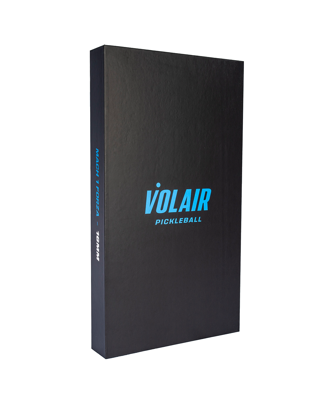 A tall black rectangular box displays "Volair Pickleball" in blue and white on the front. The left side reads "Mach 1 Forza," "Made in Italy," and features a money-back guarantee. The plain white background contains no other objects.
