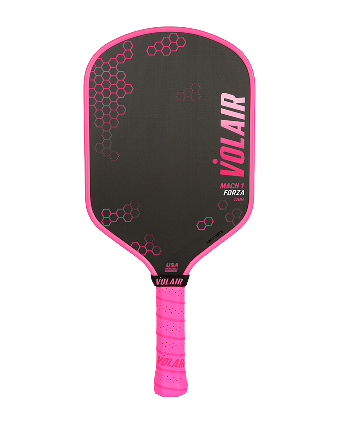 The Volair Pickleball Mach 1 Forza paddle features a black design with bright pink edges, grip, and honeycomb graphics plus bold "VOLAIR" lettering. See how it compares to others with our paddle comparison chart.