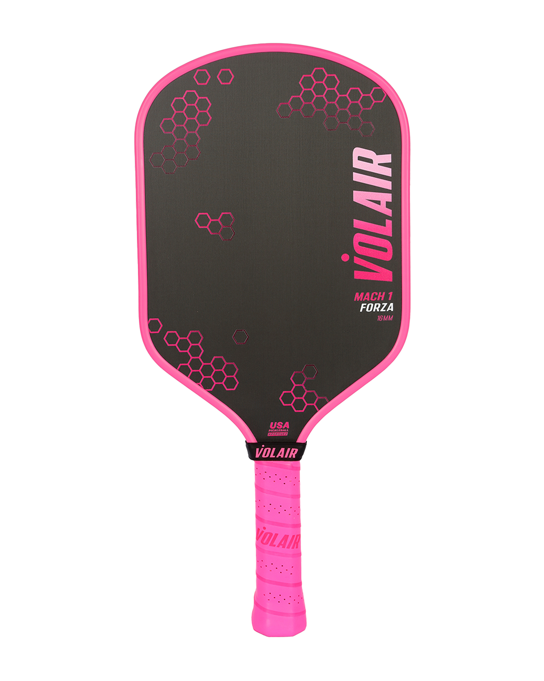 The Mach 1 Forza Pickleball Paddle by Volair Pickleball features a black design with bright pink edges, hexagonal accents, a pink handle, the VOLAIR logo, “USA Pickleball Approved” mark, and comes with a Money Back Guarantee.