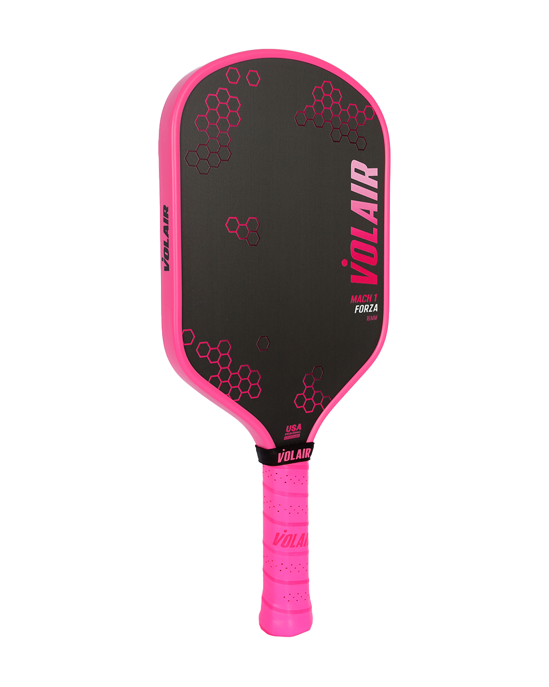 The Volair Pickleball Mach 1 Forza Paddle features a black and neon pink design with a honeycomb face and pink grip tape. Enjoy modern style plus a Money Back Guarantee on your new pickleball paddle purchase.