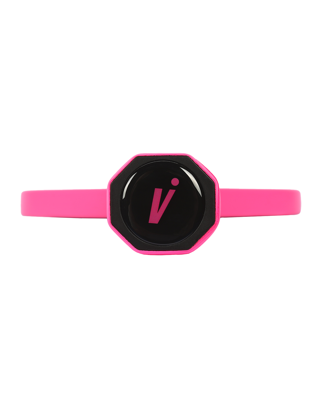 The Mach 1 Forza Pickleball Paddle by Volair Pickleball features a bright pink wristband with a black octagonal centerpiece, showcasing a bold pink V and dot. This modern, sporty accessory is perfect for pickleball enthusiasts.