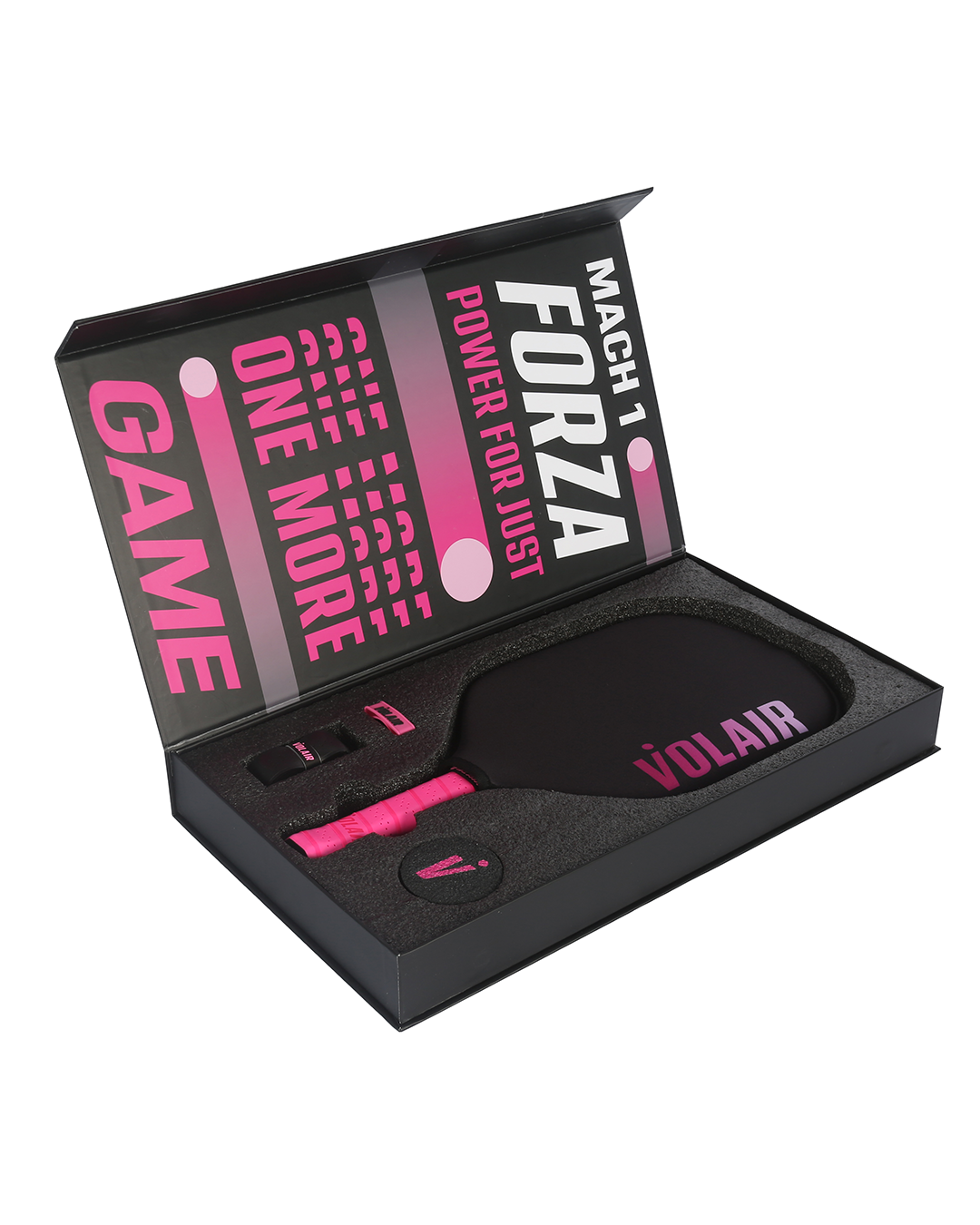 The black and pink Volair Pickleball Mach 1 Forza Paddle set is shown in an open box with foam slots for the paddle, cover, wristband, tool, and a pink-wrapped handle. Includes a Money Back Guarantee for your purchase.