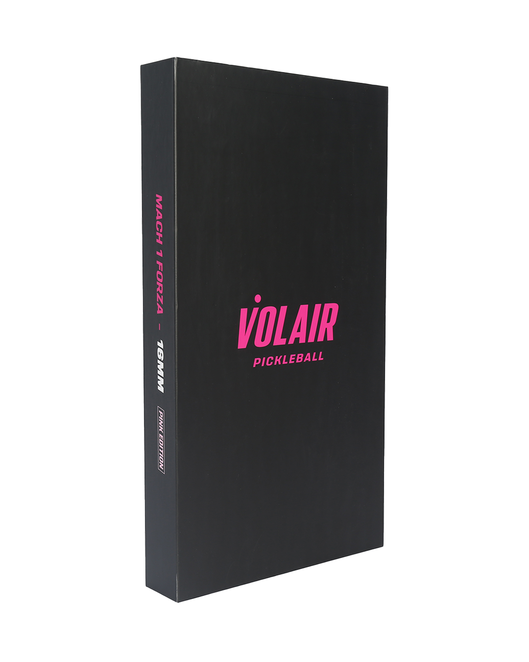 A black rectangular box stands upright on a white background with "Volair Pickleball" in bold pink and white letters and “Mach 1 Forza – 16mm Raw Toray T700 Carbon Fiber” on the side. Includes Money Back Guarantee with paddle purchase.