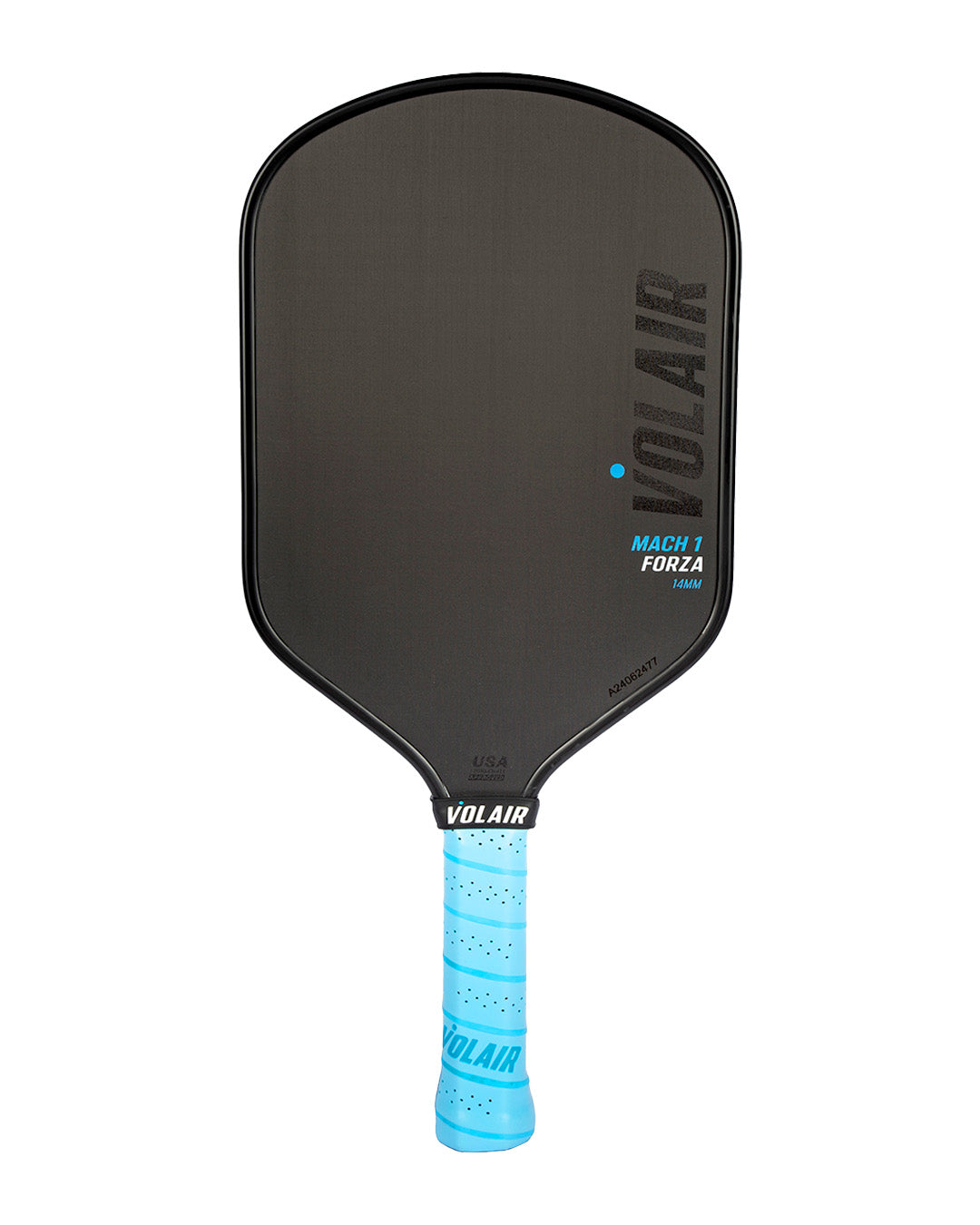 The Mach 1 Forza Pickleball Paddle by Volair Pickleball features a black rectangular design with rounded edges, the VOLAIR and MACH 1 FORZA logos, a bright blue perforated grip, and comes with a Money Back Guarantee.