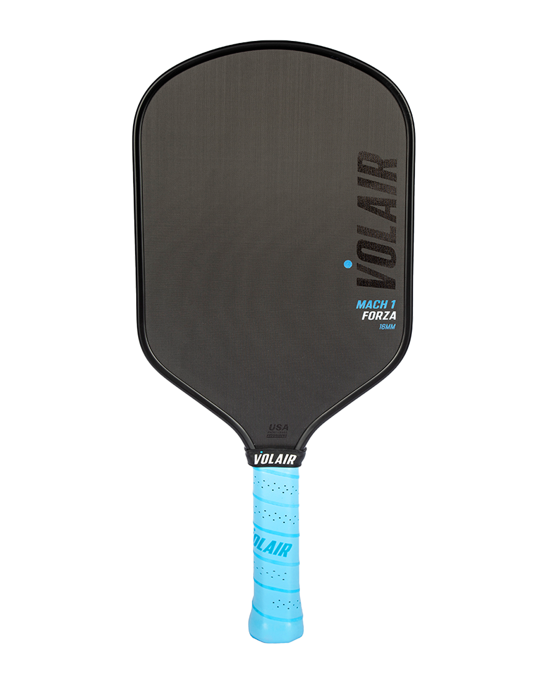 The Volair Pickleball Mach 1 Forza paddle features a wide, slightly rounded rectangular black face with “VOLAIR” and “MACH 1 FORZA” in gray and blue. Compare it on our paddle chart—every purchase includes a Money Back Guarantee.