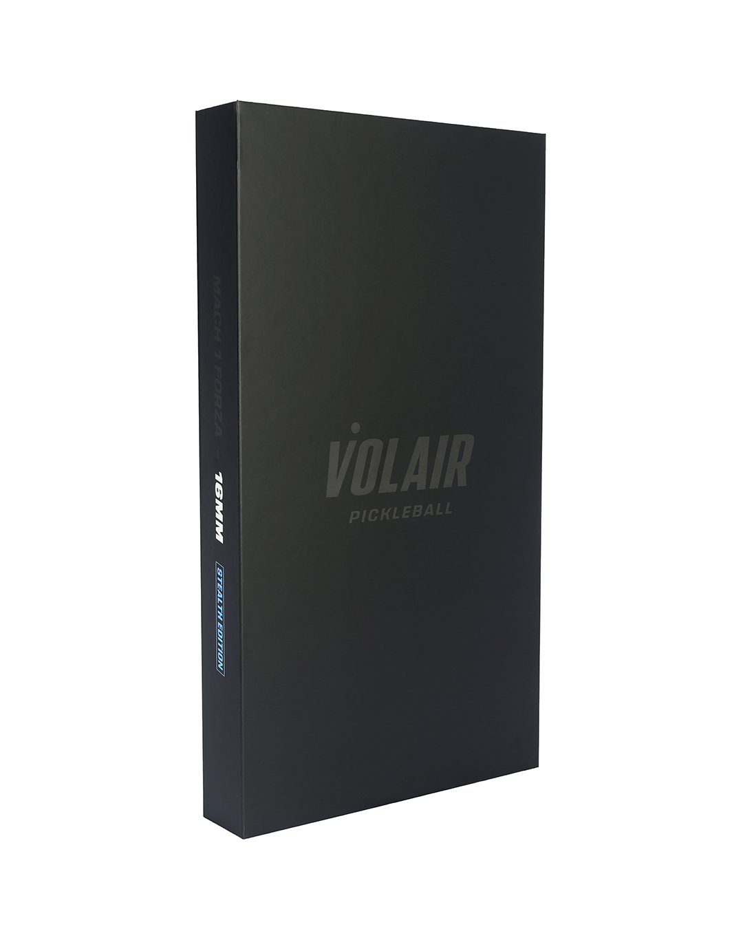 A sleek, matte black rectangular box stands upright against a white background. The front features VOLAIR PICKLEBALL in large, subtle glossy letters and Mach 1 Forza Pickleball Paddle below. The side edge displays smaller white and blue text—and a Money Back Guarantee.