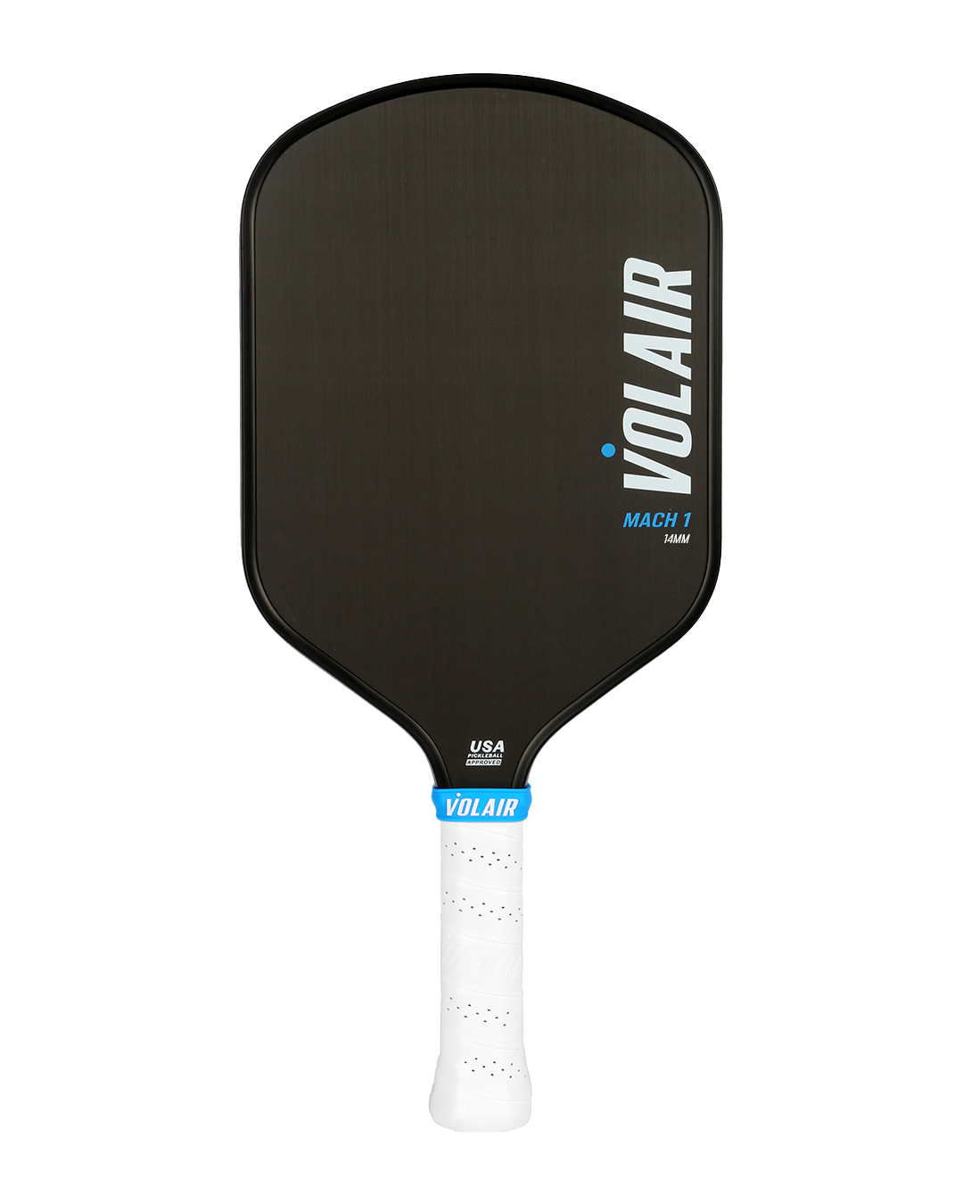 The Volair Pickleball Mach 1 Paddle features a black rectangular face with bold white "VOLAIR" text and a blue dot, plus "MACH 1" and "JASON" in blue. The handle is wrapped in perforated white grip tape accented with a blue "VOLAIR.