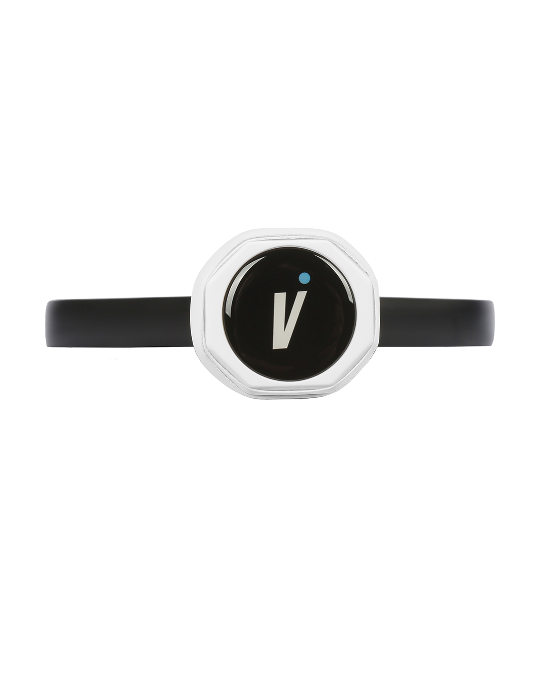 A black wristband featuring a round, silver-edged face mirrors the sleek design of the Volair Pickleball Mach 1 Paddle, with a black background, a white lowercase "i," and blue dot—resembling a stylized letter i or exclamation mark.