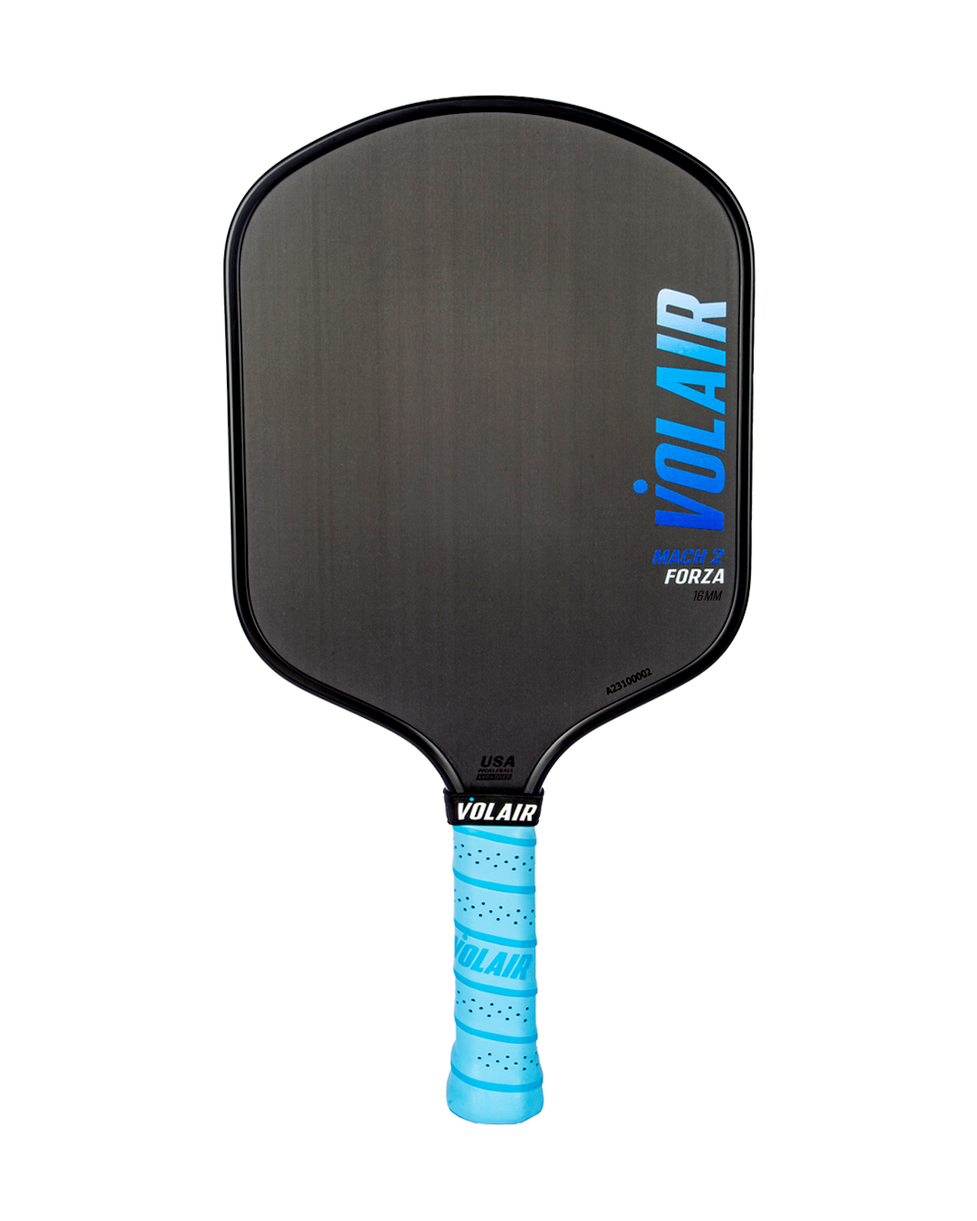 The Mach 2 Forza Pickleball Paddle by Volair Pickleball features a black widebody design with a blue and white logo, a bright blue textured handle grip with VOLAIR in white, rounded edges, USAP approval, and top performance.