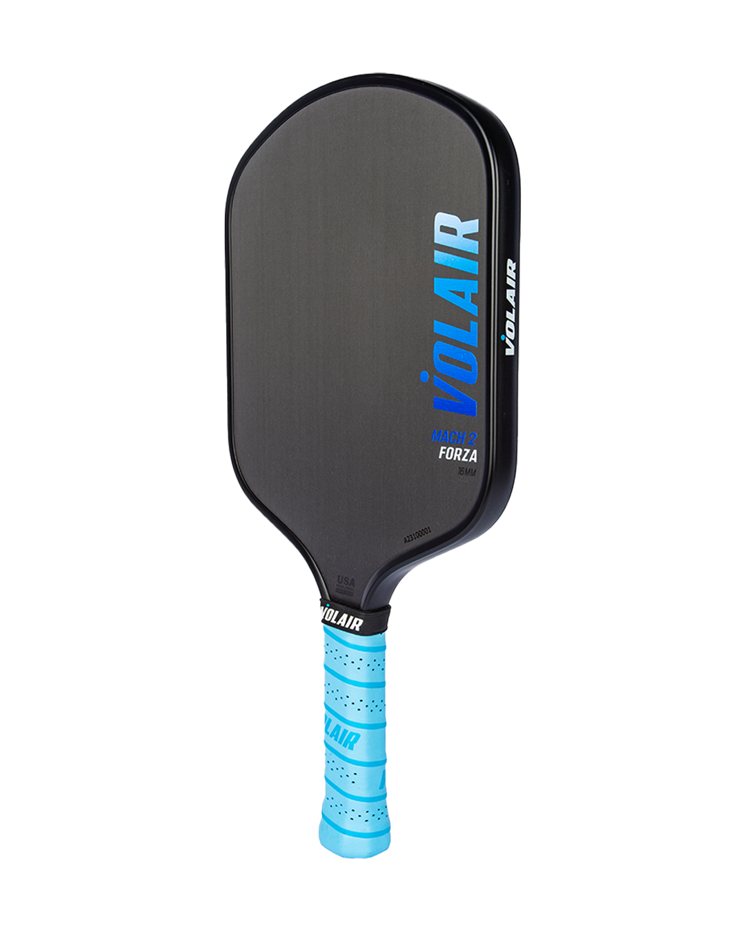 The Mach 2 Forza Pickleball Paddle by Volair Pickleball features a black widebody, rounded rectangular shape, bold blue-and-white VOLAIR branding, USAP approval, and a light blue perforated grip with VOLAIR printed near the top.