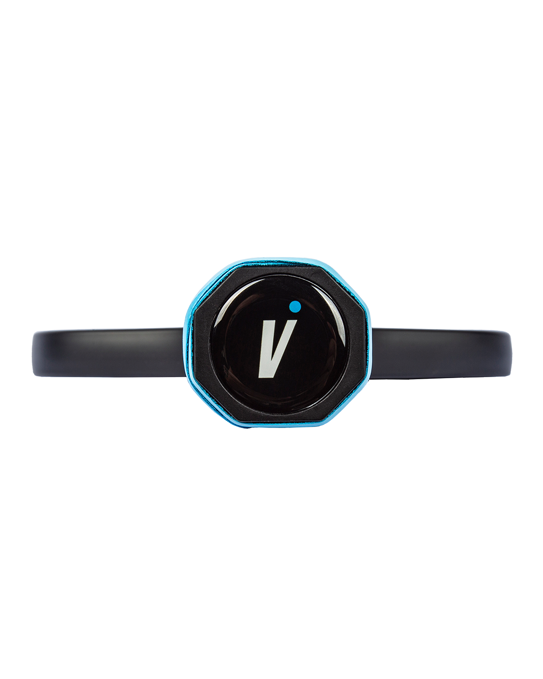 A black, octagonal wearable device with a blue rim and glossy face featuring Volair Pickleball's white "v" logo is centered against a white background—evoking the look of the Mach 2 Forza Pickleball Paddle.