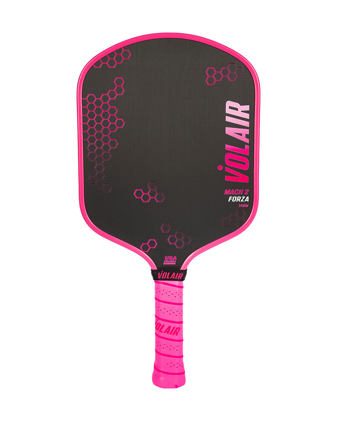 The Volair Pickleball Mach 2 Forza paddle features a black and pink widebody design, honeycomb face, bold pink “VOLAIR” lettering, matching pink grip, model details, and is USAP approved for top court performance.