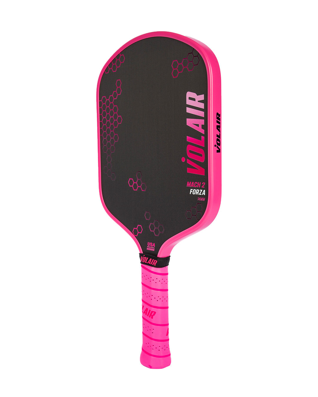The Volair Pickleball Mach 2 Forza Pickleball Paddle is USAP approved, featuring a black hex-patterned face with bold pink edges and vertical VOLAIR branding in pink and white, plus MACH 2 FORZA marked near the base.