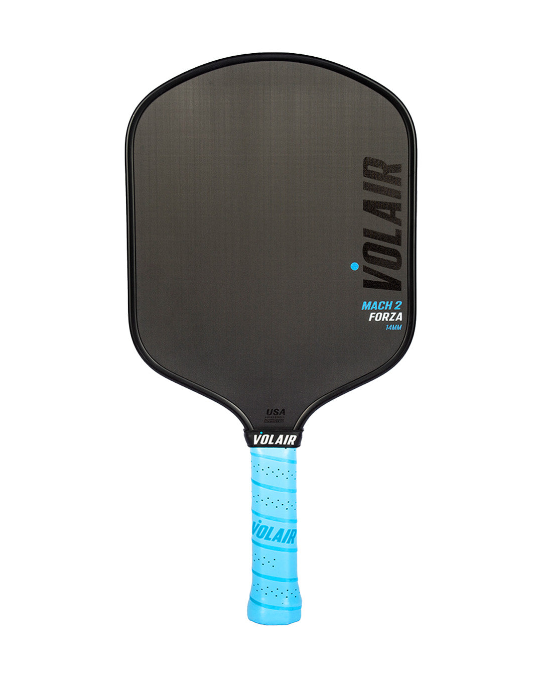 The black Volair Pickleball Mach 2 Forza Widebody paddle features rounded corners, subtle branding, a bright blue Volair grip tape on the handle, “USA” at the paddle base, and is USAP approved.