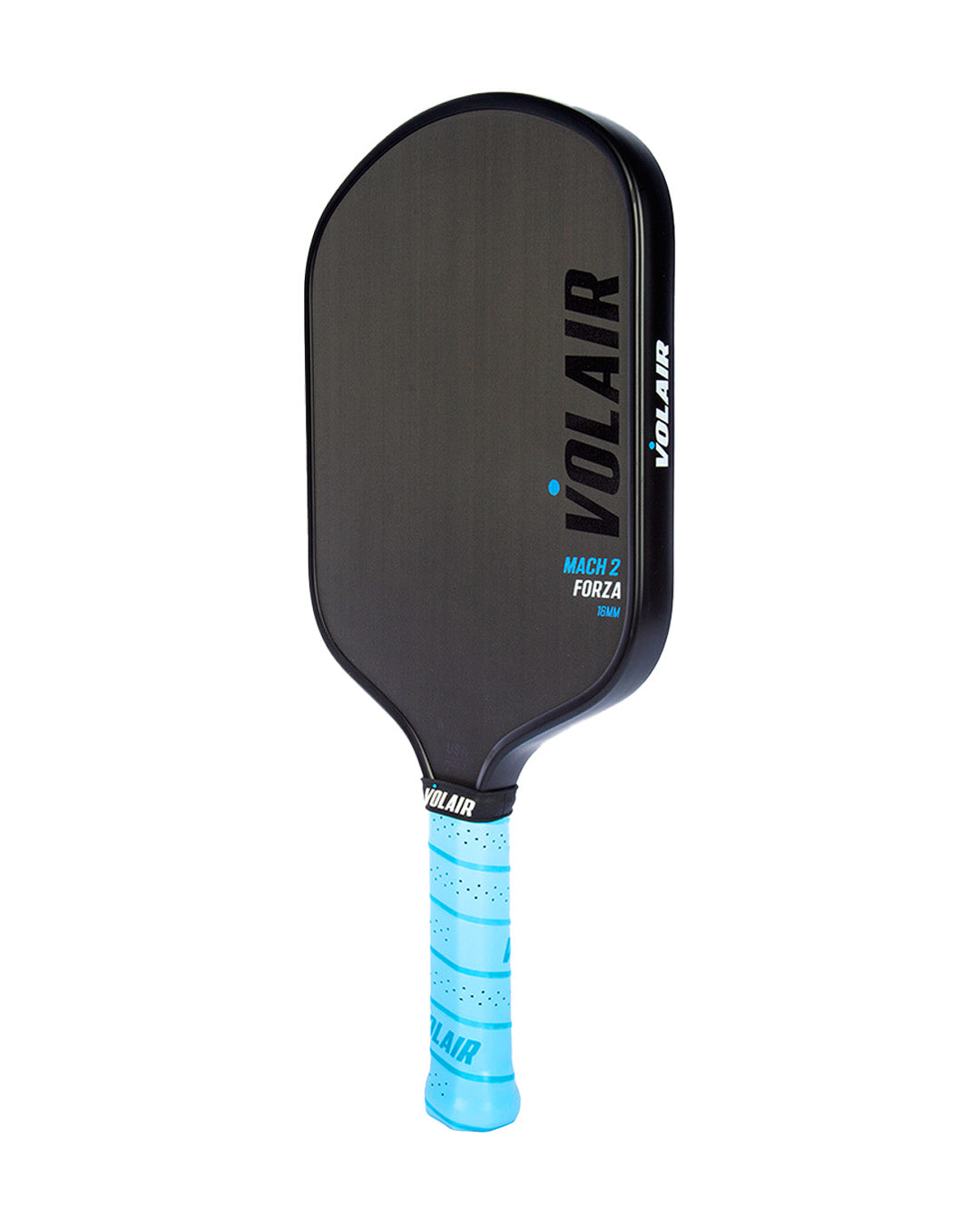 The Volair Pickleball Mach 2 Forza widebody paddle is USAP approved, featuring a black face, rounded top, rectangular edges, and a handle with light blue grip tape. "VOLAIR" is printed vertically in white on the face and side.
