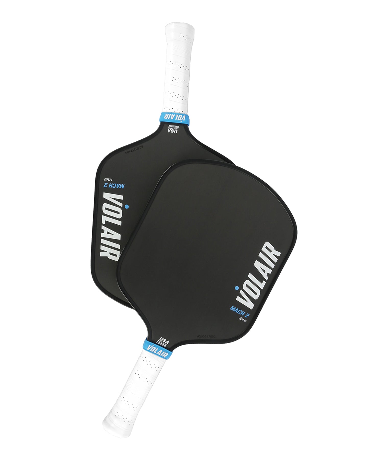 A black Mach 2 Pickleball Paddle by Volair Pickleball featuring white text.