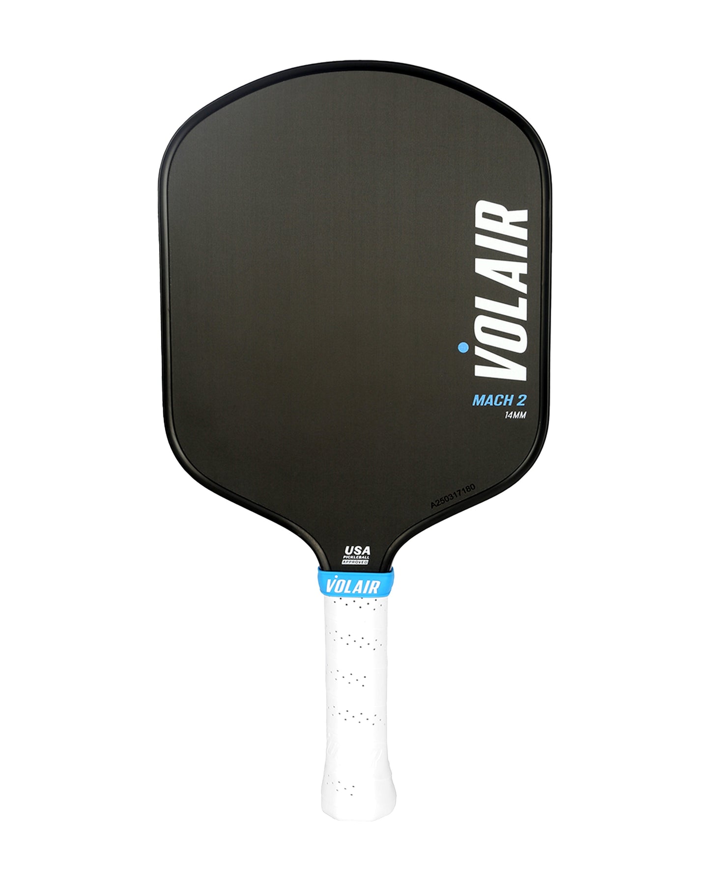 The Volair Pickleball Mach 2 Paddle features a black design with a white perforated grip and VOLAIR MACH 2 printed vertically in white. Compare paddles easily, and enjoy a Money Back Guarantee with your Mach 2 Widebody purchase.