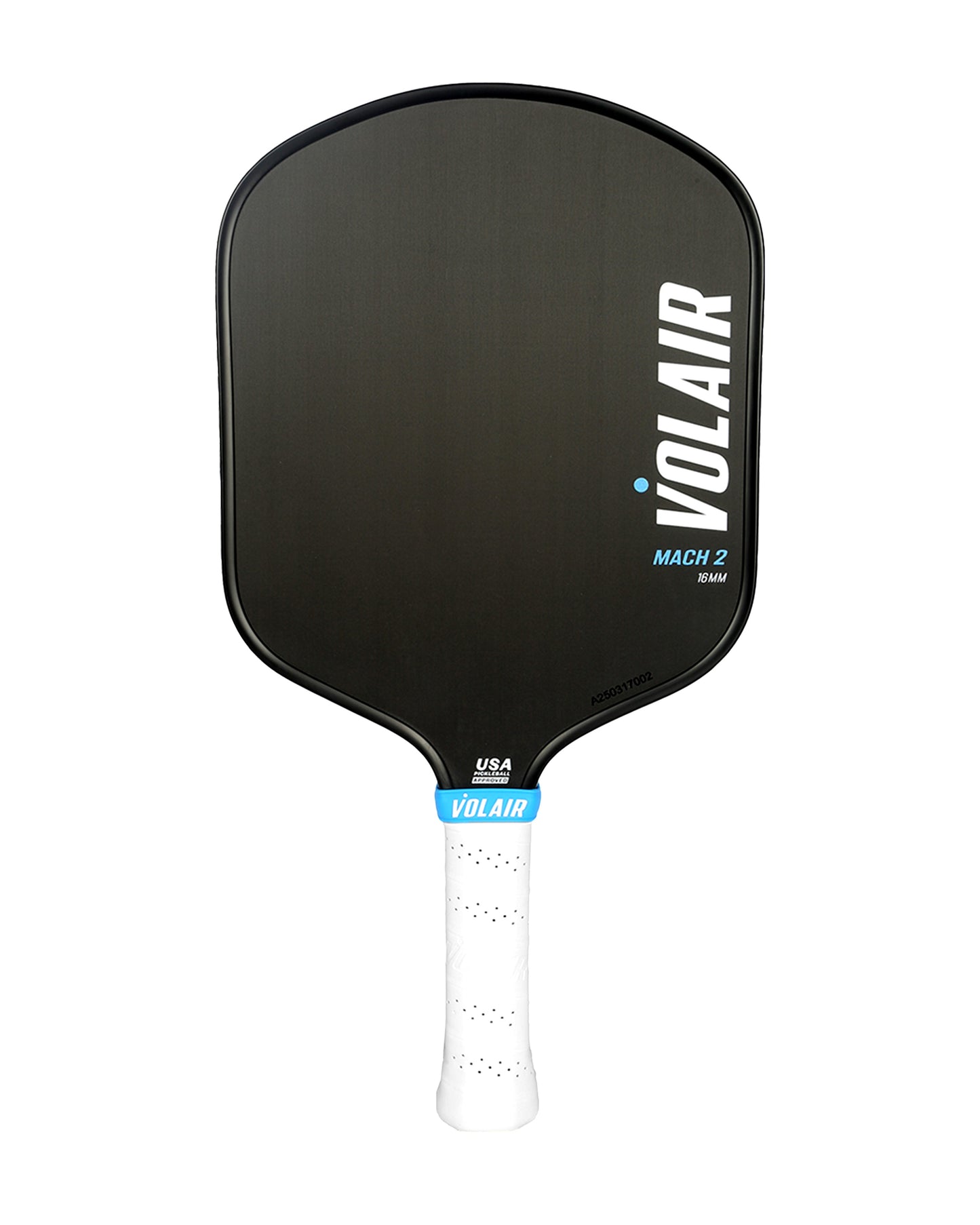 The Mach 2 Pickleball Paddle by Volair Pickleball features a black, rectangular rounded-edge face with “VOLAIR” and “MACH 2” branding, a white grip with blue USA accent, and comes with a Money Back Guarantee.