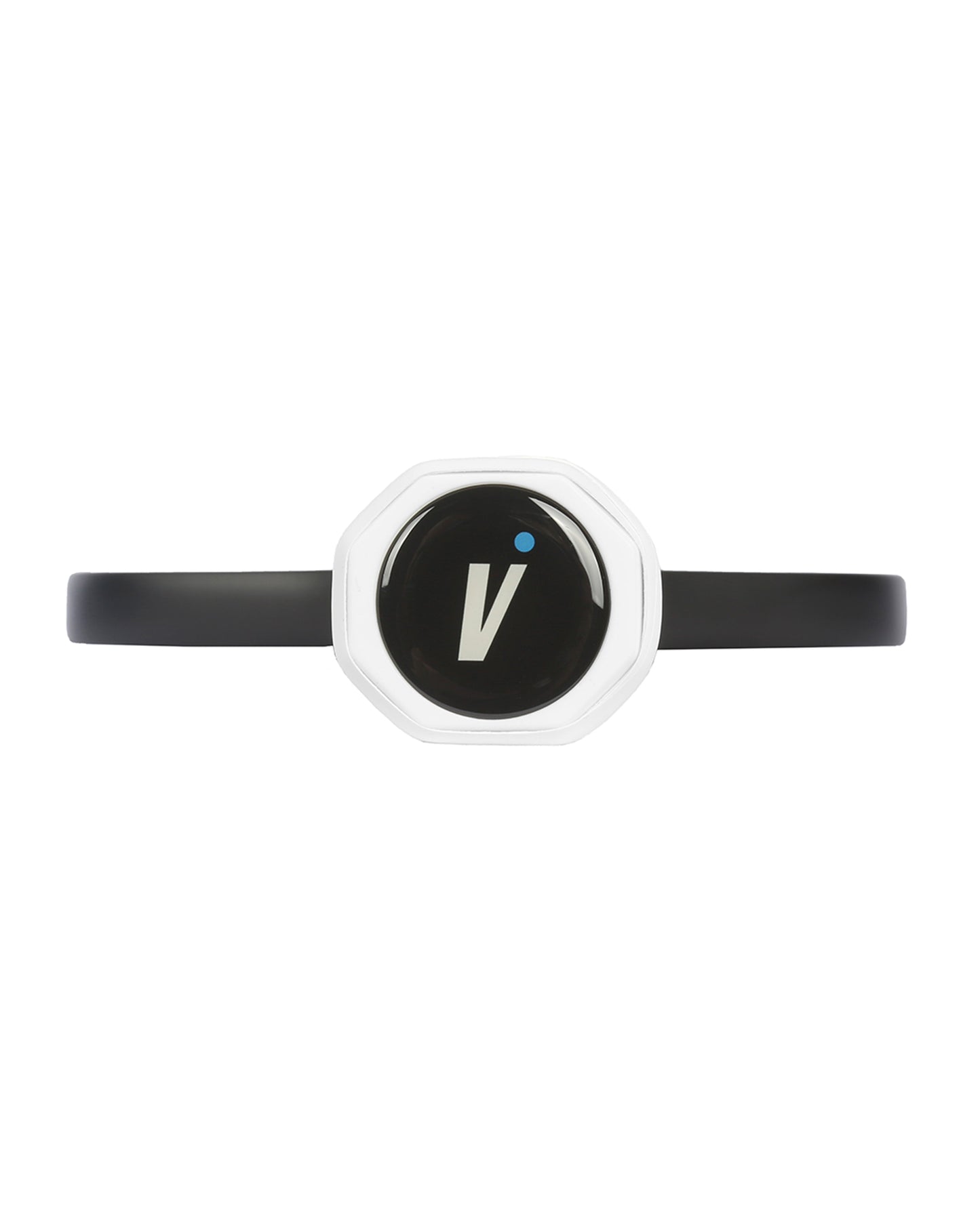 The black wristband, featuring a glossy round face with a white stylized “V” and small blue dot, is inspired by the Mach 2 Pickleball Paddle from Volair Pickleball. It sits in a silver octagonal frame, boasting a sleek modern look on white.