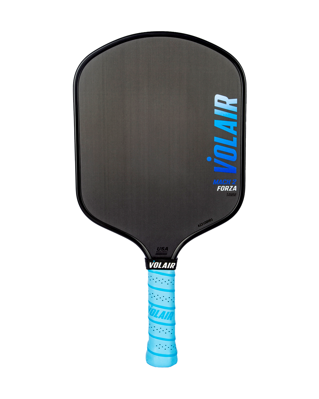 The Mach 2 Forza Pickleball Paddle by Volair Pickleball is USAP approved, featuring a widebody rectangular shape with a black face, bold blue VOLAIR branding, light blue grip, and white-blue text accents near the throat and handle.