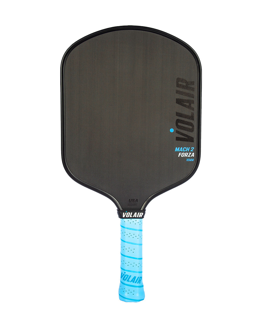 The Mach 2 Forza Pickleball Paddle by Volair Pickleball features a black, rectangular widebody design with Volair branding and light blue grip tape. "Mach 2 Forza" appears in blue and white on the USAP-approved paddle face.