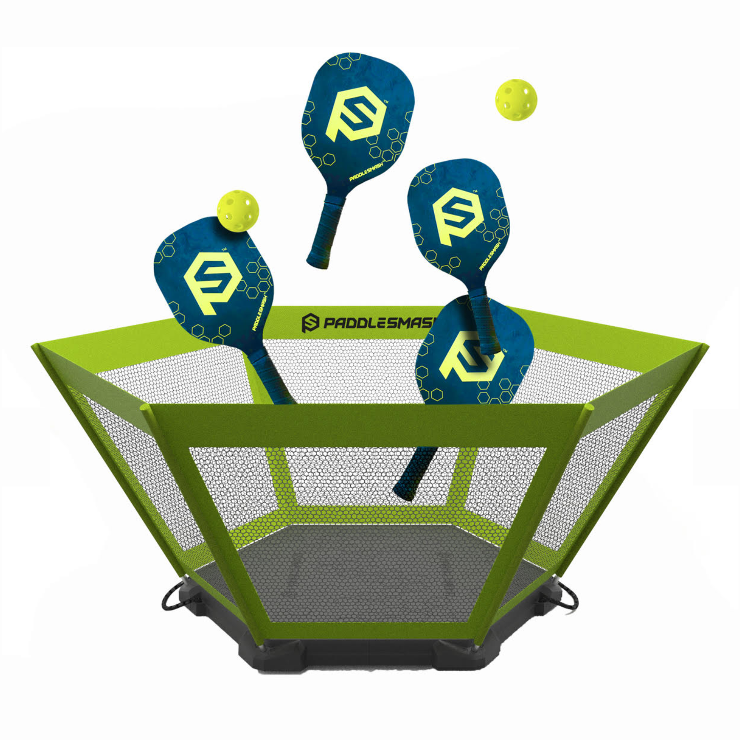 A green PaddleSmash mesh basket by PaddleSmash holds three blue paddles with yellow logos and two yellow pickleballs, ideal for backyard outdoor games, displayed on a white background.