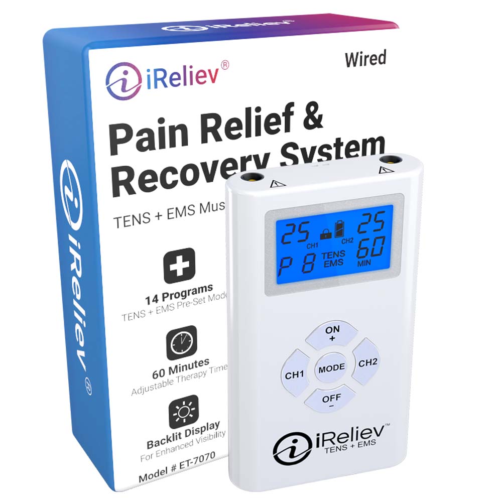 A white iReliev TENS + EMS Pain Relief & Recovery System with a backlit display is shown with blue and white packaging, featuring 14 programs, a 60-minute timer, and control buttons. Model: ET-7070.