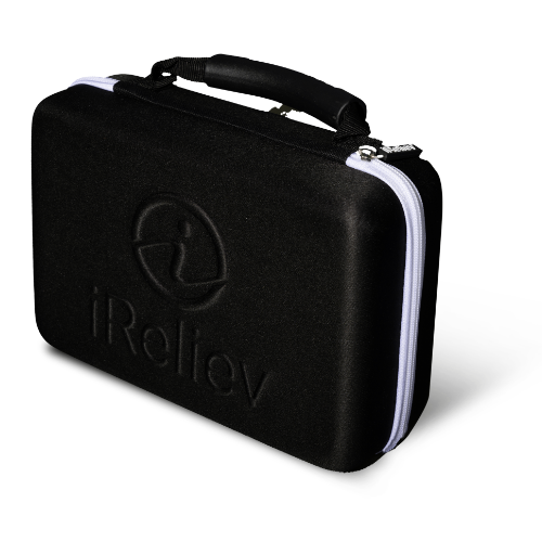 The iReliev Hard Protective Carry Case for Premium TENS + EMS is a black, rectangular case with a padded handle, white zipper, and embossed “iReliev” logo on the front, shown against a plain white background.