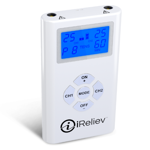 The iReliev TENS Unit Pain Relief System features a white design with a blue-lit screen showing settings like 25 and 60, plus labeled buttons for power, mode, channels, and intensity—ideal for easing sore muscle pain.