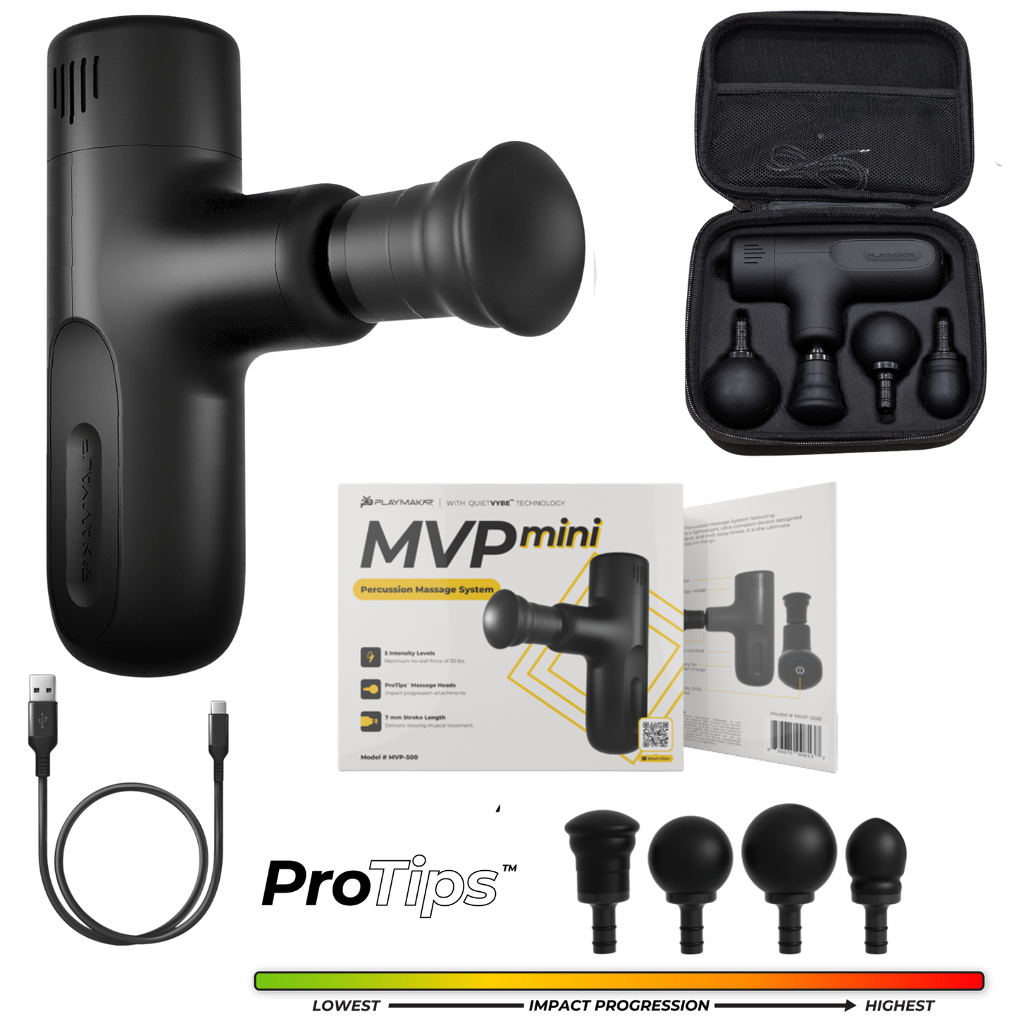 The iReliev MVPmini Percussion Massage System is a compact massager with four interchangeable heads, USB charging cable, carrying case, instruction manual, and an impact chart showing each attachment’s intensity.