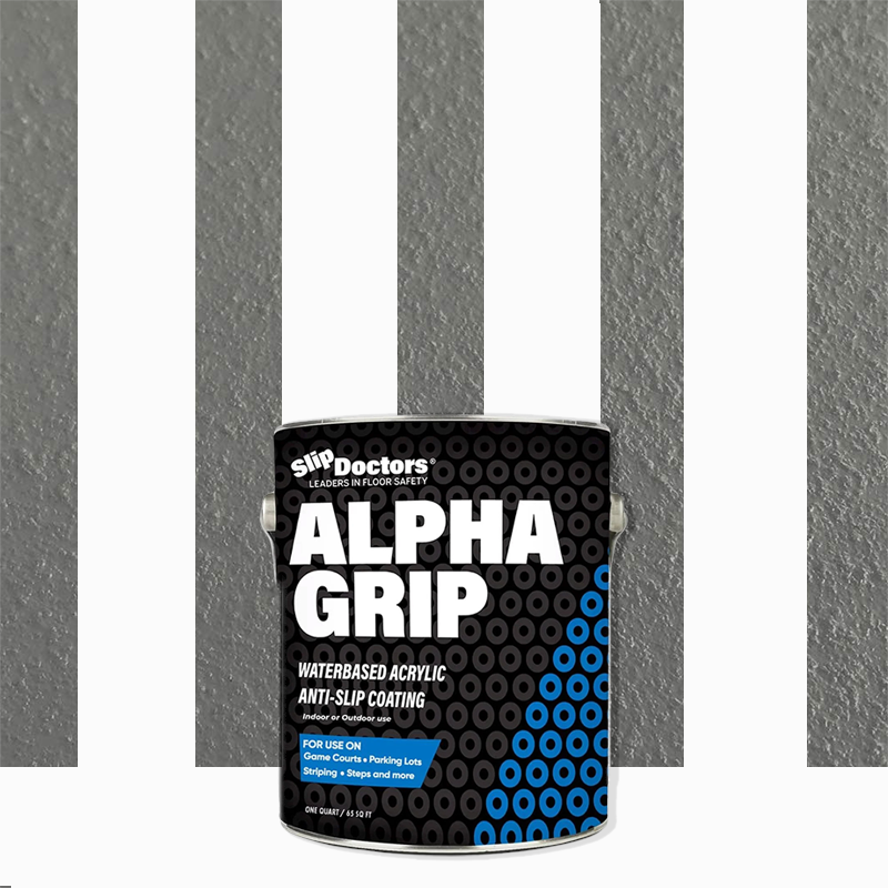 A can of SlipDoctors Alpha Grip Non-Slip Stripe and Athletic Court Paint sits in front of a gray striped surface. The can features black and blue colors with bold white lettering displaying the brand and product information.