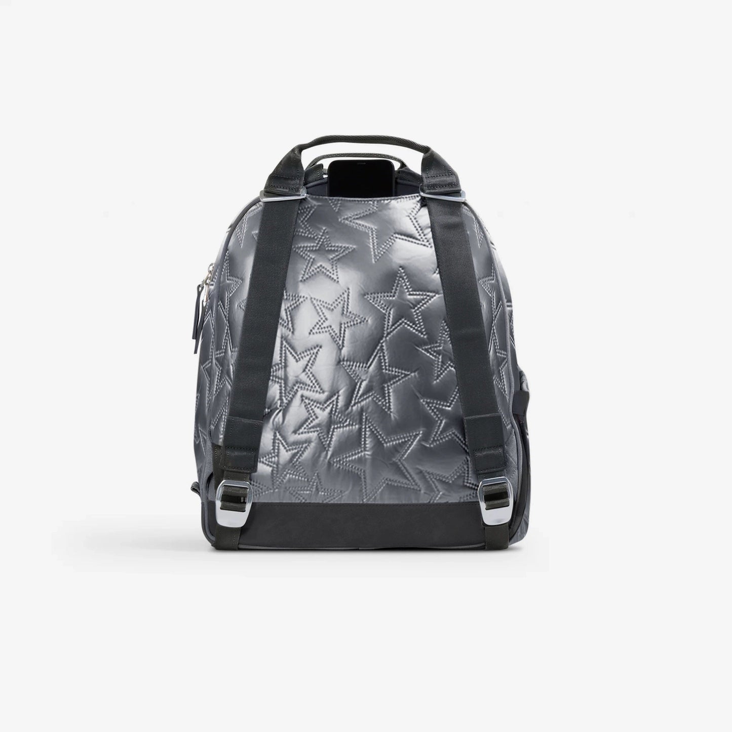 The MELBIE | Pickleball Backpack & Tote by Doubletake features embossed star patterns, black straps, silver buckles, organized pockets, and a top handle in sleek dark gray, shown against a white background.