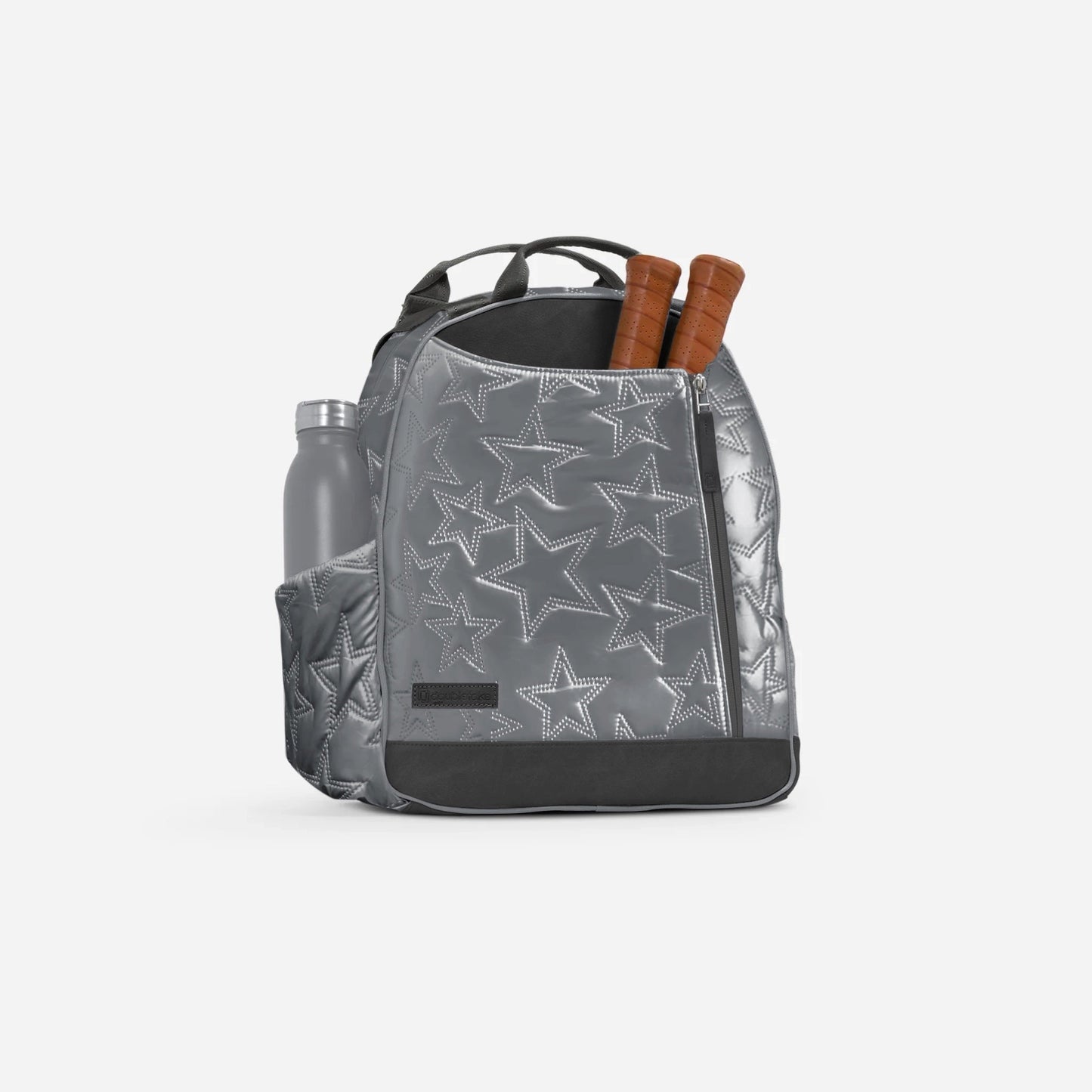 The MELBIE | Pickleball Backpack & Tote by Doubletake features a silver star pattern, black accents, and organized pockets. Two brown wooden bats peek from the main compartment, with a silver water bottle in the side pocket. Plain white background.