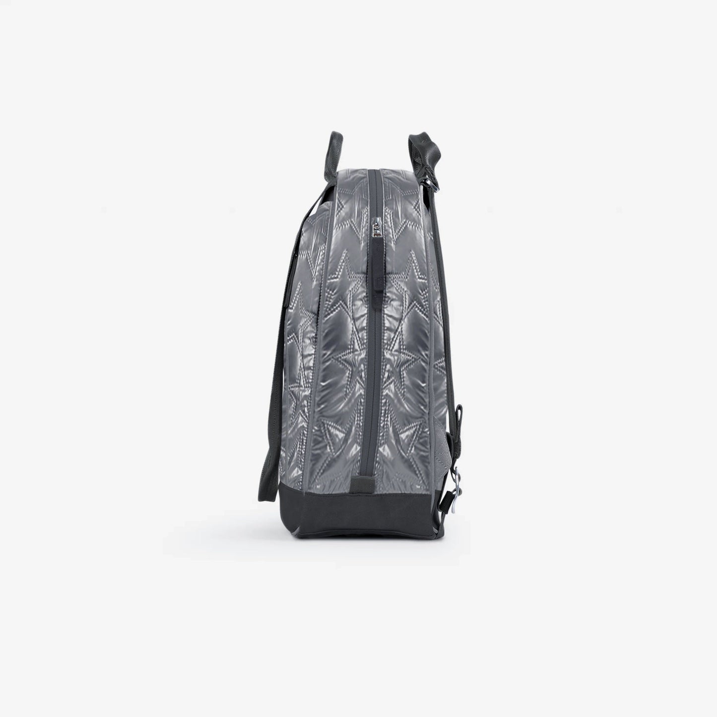 A side view of the Doubletake MELBIE Pickleball Backpack & Tote in gray, featuring a geometric pattern, black base, zipper, and shoulder straps. The bag is centered on a plain white background with no branding or other objects visible.