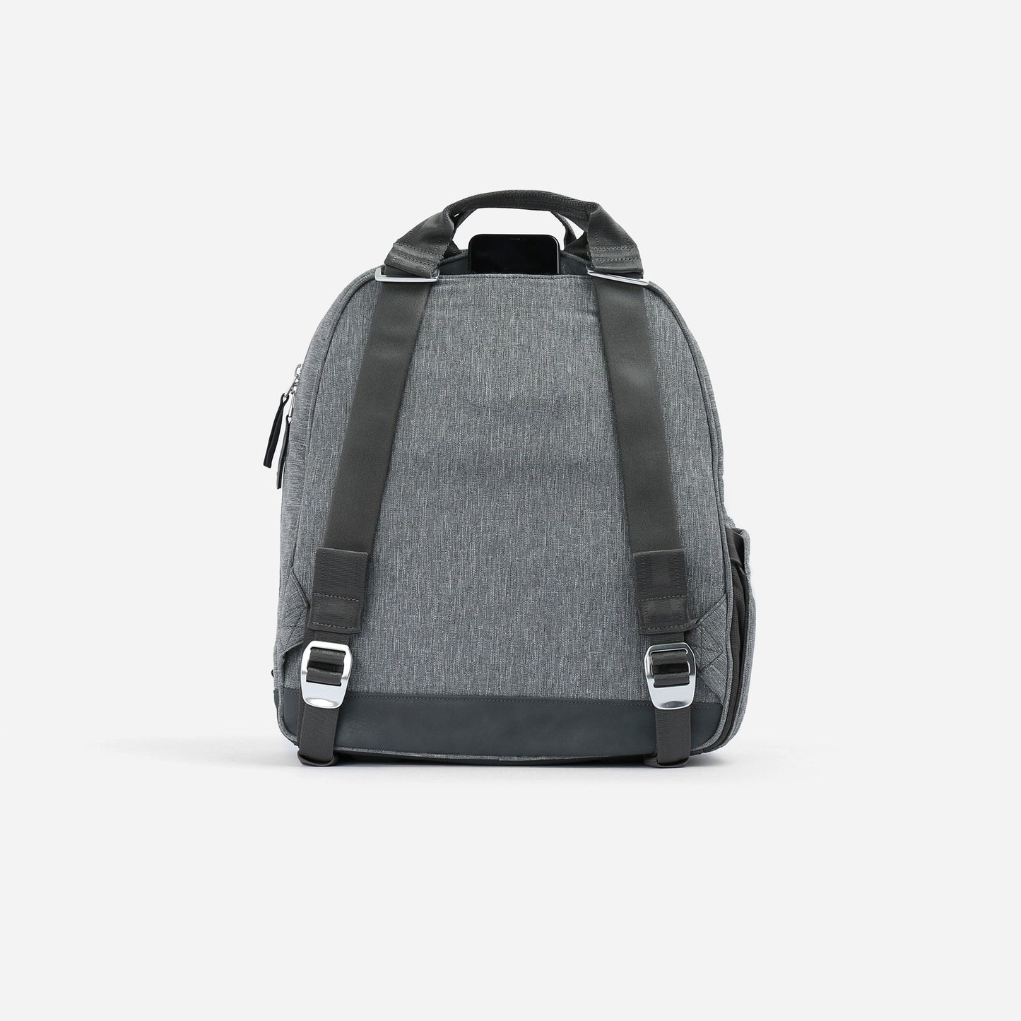 The MELBIE | Pickleball Backpack & Tote by Doubletake is shown from the back in gray with black straps, buckle accents, a top handle, adjustable shoulder straps, side pocket, organized pockets, and leather-like trim on the textured material.